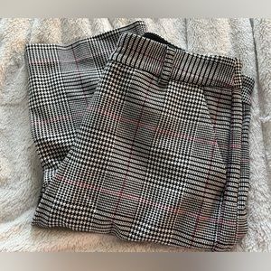 Express Columnist Boot Mid Rise flannel pants. Maroon, grey, black, and white.